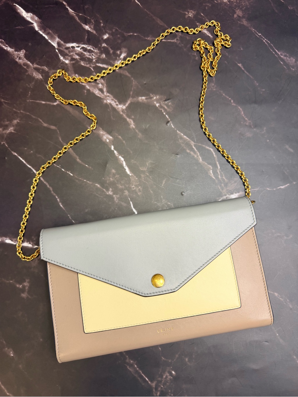 Celine Tricolor Leather Crossbody In Gray, Yellow & Taupe With Gold Chain